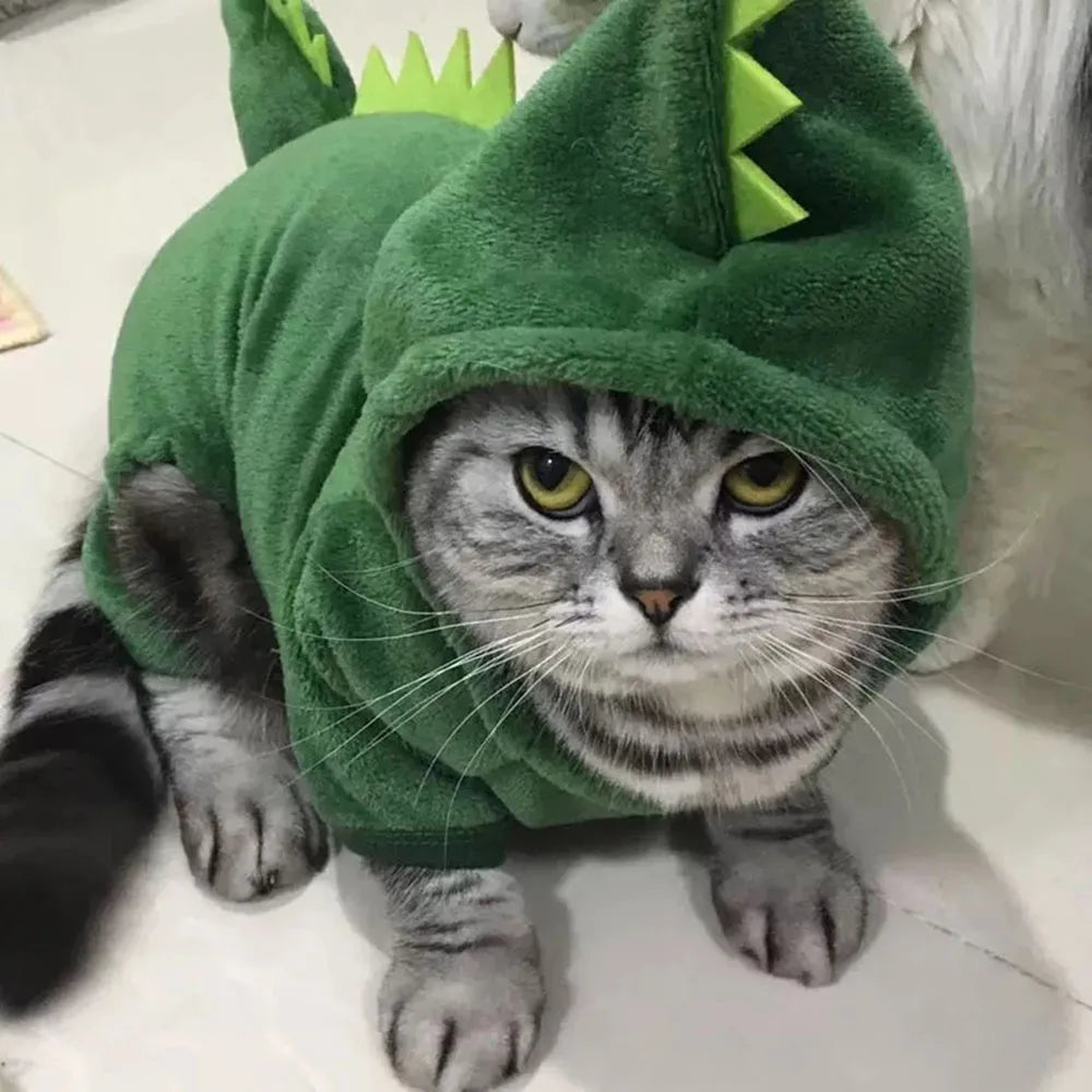 Pet Cat Clothes Puppy Dog Cat Funny Dinosaur Costume Winter Warm Plush Cat Coat Fleece Hoodies Sweater Small Dog Kitten Clothing